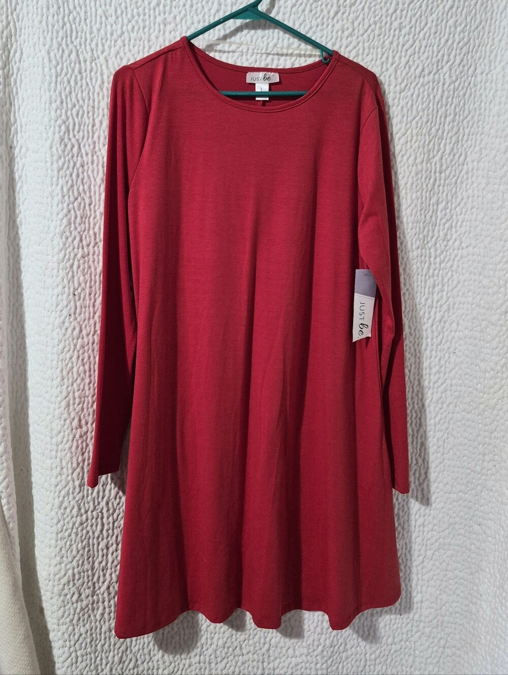 Just Be Cherry Red Long-Sleeve Swing Dress. Scoop Neck NWT